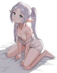  1girl barefoot between_legs breasts closed_mouth collarbone drop_earrings earrings elf frieren green_eyes grey_hair hand_between_legs highres jewelry long_hair looking_at_viewer nipples off_shoulder parted_bangs pointy_ears simple_background sitting sleepwear small_breasts solo sousou_no_frieren twintails wariza zefrableu 