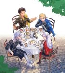  1girl 3boys blonde_hair blue_eyes cake claude_von_riegan closed_mouth cover cover_page cup dimitri_alexandre_blaiddyd edelgard_von_hresvelg fire_emblem fire_emblem:_three_houses food garreg_mach_monastery_uniform holding holding_cup long_hair long_sleeves multiple_boys purple_hair sanami short_hair smile talking tea_party white_hair yuri_leclerc 