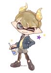  1boy blue_jacket brown_hair commission dot_nose drink drinking_straw fake_horns full_body grey_eyes grey_footwear grey_shorts hairband hand_in_pocket highres holding holding_drink horn_hairband horns inkling_boy inkling_player_character jacket leggings_under_shorts male_focus one_eye_closed open_clothes open_jacket pointy_ears shoes short_hair shorts simple_background smile solo spl8ya splatoon_(series) star_(symbol) teeth tentacle_hair white_background yellow_hairband 