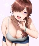  1girl :d bare_shoulders bracelet breasts brown_hair cleavage covered_nipples denim denim_skirt earrings fellatio_gesture hair_over_one_eye heart heart-shaped_pupils jewelry jinroku leaning_forward long_hair looking_at_viewer mole mole_on_breast necklace original ponytail purple_eyes ring skirt smile solo symbol-shaped_pupils tank_top teeth tongue tongue_out 