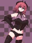  1girl bandaid bandaid_on_face bandaid_on_nose between_breasts black_gloves black_panties boots breasts checkered_background closed_mouth collar demon_girl demon_horns demon_wings elbow_gloves gloves grey_eyes horns large_breasts lillithlauda medium_hair original panties pink_hair pixel_art purple_background sleeveless solo strap_between_breasts thigh_boots underwear wings zipper 