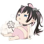  1girl 774_inc. ahoge akitetsu bangs belt belt_collar big_belly black_belt black_hair blue_eyes blush bra chibi collar demon_girl demon_horns demon_tail flat_chest food full_body grey_horns horns long_hair marshmallow multicolored_hair navel oinomori_may one_side_up open_mouth pink_bloomers pink_bra pink_hair pointy_ears simple_background solo standing sugar_lyric tail transparent_background two-tone_hair underwear virtual_youtuber x_navel 