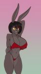 2024 abs anthro big_breasts black_hair breasts brown_body brown_fur chest_tuft cleavage clothed clothing cybil_(scorpdk) eyebrow_through_hair eyebrows eyelashes female fur hair hand_behind_head hi_res highlights_(coloring) huge_breasts lagomorph leporid mammal navel panties rabbit red_clothing red_highlights red_panties red_underwear scorpdk short_hair shoulder_tuft smile solo topwear translucent translucent_hair tuft underwear yellow_eyes