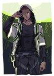  1boy belt_pouch black_pants black_shirt brown_hair closed_mouth cropped_legs frown grey_jacket hand_up hood hooded_jacket jacket kizaki_reiji layered_sleeves long_sleeves looking_at_viewer male_focus ohhhhhhtsu open_clothes open_jacket pants pouch shirt short_hair short_over_long_sleeves short_sleeves solo spiked_hair toned toned_male world_trigger 