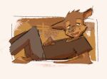 anthro bottomwear cloth clothing deer denim denim_bottomwear denim_clothing dreamywolfdd finally_faded hand_on_stomach hi_res jeans leo_(finally_faded) looking_back lying male mammal new_world_deer on_back pants pudu shirt smile solo tired tired_eyes topwear