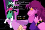 3:2 anthro armband book bovid breasts caprine claws clothing deltarune dialogue dinosaur door duo english_text eyewear fangs female freckles frist44 fur glasses goat hair horn male mammal nipple_outline purple_body purple_hair ralsei reptile scalie simple_background speech_bubble spiked_armband spikes susie_(deltarune) teeth text undertale_(series) white_body white_fur white_ribbon yellow_sclera