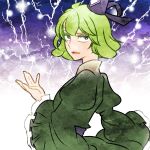  1girl black_headwear commentary_request dress green_dress green_eyes green_hair hat highres juliet_sleeves lightning long_sleeves looking_at_viewer open_mouth puffy_sleeves short_hair soga_no_tojiko solo tate_eboshi touhou uikyou_kaori 