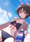  1girl bikini black_bikini black_hair blue_archive blue_sky breasts can cloud cowboy_shot day drink_can dutch_angle highres holding holding_can misaki_(blue_archive) misaki_(swimsuit)_(blue_archive) navel official_alternate_costume outdoors pepsi shibuya_susano short_hair sky small_breasts soda_can solo swimsuit variant_set 
