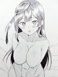  1girl bare_shoulders blush breasts collarbone commentary commentary_request completely_nude furrowed_brow greyscale groin hair_between_eyes long_hair looking_at_viewer love_live! love_live!_nijigasaki_high_school_idol_club medium_breasts midriff monochrome navel nipples nude one_side_up open_mouth sidelocks solo traditional_media upper_body yamada_taishi yuuki_setsuna_(love_live!) 