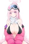  1girl absurdres bare_shoulders bikini black_bikini blue_archive blush breasts cleavage closed_mouth commentary eimi_(blue_archive) eimi_(swimsuit)_(blue_archive) goggles goggles_on_head halo highres jacket jacket_partially_removed large_breasts long_hair looking_at_viewer navel official_alternate_costume open_clothes open_jacket pink_eyes pink_hair pink_halo pink_jacket sana_(sanamaru_0w0) scarf simple_background sitting ski_goggles smile solo spread_legs swimsuit white_background white_scarf 