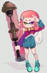  1girl absurdres aqua_footwear aqua_jacket bandage_on_face bandages bangs black_shorts dynamo_roller_(splatoon) hand_up heterochromia highres holding holding_weapon inkling inkling_girl jacket jewelry long_hair long_sleeves mikoshiba_m multicolored_clothes multicolored_jacket pink_hair pointy_ears purple_eyes purple_jacket ring shoes short_shorts shorts smile sneakers splatoon_(series) standing tentacle_hair weapon yellow_eyes 