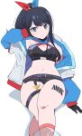  1girl arm_support bare_shoulders between_legs black_gloves black_hair black_shorts blue_eyes blue_jacket blue_ribbon blush cleavage_cutout closed_mouth clothing_cutout criss-cross_halter frown gloves gridman_universe gridman_universe_(film) hair_behind_ear hair_ribbon halterneck hand_between_legs highres jacket leg_tattoo long_hair long_sleeves multicolored_clothes multicolored_jacket mzh navel off_shoulder official_alternate_costume official_alternate_hairstyle pink_socks ponytail red_ribbon ribbon short_shorts shorts signature simple_background sitting socks solo ssss.gridman stomach takarada_rikka tattoo thigh_strap white_background 