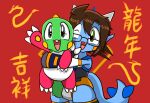 anthro biped blue_body brown_hair bub_(bubble_bobble) bubble_bobble bubble_dragon chibi chinese_zodiac clothing dragon duo embrace facial_markings fanged_dragon garyu_(species) gesture green_body green_eyes gunma747j gunma_(gunma747j) hail-fanged_dragon hair head_markings hi_res hug hyogaryu kemono looking_at_viewer male markings one-piece_swimsuit one_eye_closed open_mouth open_smile red_background simple_background smile swimwear taito waving waving_at_viewer wink winking_at_viewer year_of_the_dragon