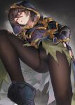  ahoge blush brown_hair brown_pantyhose commentary endend_(shinia) fingerless_gloves from_below gloves granblue_fantasy grey_background groin hair_between_eyes hand_on_own_hip hood hood_up knee_up looking_at_viewer looking_down male_focus otoko_no_ko pantyhose red_eyes sandalphon_(granblue_fantasy) short_hair signature smirk smug solo standing steaming_body upskirt 