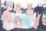 5girls :t absurdres animal_ear_fluff animal_ears black_hair black_horns blonde_hair blue_eyes blue_hair breasts cheek_press colored_inner_animal_ears commentary_request crossed_bangs dog_ears dog_girl fang fuwawa_abyssgard greyscale hair_between_eyes hair_flaps hand_on_own_chest highres holoadvent hololive hololive_english horns knees_up koseki_bijou large_breasts light_blush long_hair looking_at_viewer looking_to_the_side mococo_abyssgard mole mole_under_eye monochrome multicolored_hair multiple_girls naked_towel nerissa_ravencroft one_eye_closed onsen outdoors parted_lips partially_submerged pink_eyes pink_hair ponytail purple_eyes red_eyes rock shiori_novella short_hair short_ponytail siblings sidelocks sideways_glance sideways_mouth sisters sitting skin_fang smile snow soaking_feet split-color_hair steam streaked_hair teeth towel twins twitter_username two-tone_hair virtual_youtuber water wet wet_towel white_towel yellow_eyes zinkaa 