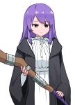  1girl black_coat coat cosplay fern_(sousou_no_frieren) fern_(sousou_no_frieren)_(cosplay) fian_f.n holding holding_staff hololive hololive_indonesia hood hooded_coat long_hair moona_hoshinova multicolored_eyes purple_eyes purple_hair robe sousou_no_frieren staff transparent_background virtual_youtuber wide_sleeves 