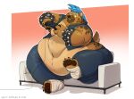 anthro belly belly_overhang big_belly big_butt blue_hair blue_mane bracelet butt claws clothed clothing controller feet foot_wraps fur furniture game_controller gaming hair heavy_doodles hi_res holding_controller holding_game_controller holding_object hyena jewelry male mammal mane markings moobs morbidly_obese navel obese obese_anthro obese_male open_clothing open_topwear open_vest overweight overweight_anthro overweight_male playing_videogame sitting sofa solo spiked_bracelet spikes spots spotted_body spotted_fur spotted_hyena tan_body tan_fur thick_thighs toe_claws topwear vest wide_hips wraps