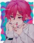  1boy akatuki25178 bishounen border colored_eyelashes commentary_request earrings hair_between_eyes half-closed_eyes highres jewelry multiple_hairpins nail_polish original pink_hair pink_liquid psychedelic purple_nails red_eyes ring short_hair solo sweat twitter_username upper_body white_border 