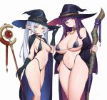  2girls absurdres animal_collar bell bikini black_bikini black_gloves blunt_bangs blush breasts cape cleavage collar cowbell earrings elf fern_(sousou_no_frieren) frieren gloves green_eyes hat highres holding jewelry lamsass large_breasts long_hair looking_at_viewer mage_staff multiple_girls navel neck_bell parted_bangs pointy_ears purple_eyes purple_hair simple_background sousou_no_frieren string_bikini swimsuit twintails white_hair witch_hat 