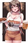  1girl absurdres alcohol beer beer_mug breasts brown_eyes brown_hair cleavage cup drink earrings food highres himegi_you holding holding_food hooters jewelry monero-chan mug original plate second-party_source solo tray 