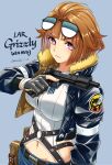  1girl aviator_sunglasses black_gloves blue_background breasts brown_hair character_name eyewear_on_head fur-trimmed_jacket fur_trim girls&#039;_frontline gloves gomakyu grizzly_mkv_(girls&#039;_frontline) grizzly_win_mag highres holster jacket leg_holster looking_at_viewer navel open_clothes open_jacket parted_lips partially_fingerless_gloves pink_eyes short_hair shorts smile solo sunglasses trigger_discipline upper_body weapon_name 