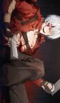  1boy angbutter belt_bra blood blood_on_body blood_on_face blue_eyes coat devil_may_cry_(series) devil_may_cry_3 ebony_&amp;_ivory fingerless_gloves gloves gun hair_between_eyes highres holding jacket male_focus red_coat smile solo weapon white_hair 