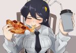  1girl absurdres black_hair blush chair closed_eyes collared_shirt cup eating filia_(skullgirls) food highres holding holding_cup necktie on_chair pizza pizza_slice samson_(skullgirls) shirt sitting skullgirls suitchi._(user_trcd4334) 