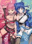  2girls blue_hair breasts candy cleavage double_bun dual_persona duel_monster evil_twin_ki-sikil evil_twin_lil-la fishnet_thighhighs fishnets food food_in_mouth green_eyes hair_bun highres holding_hands interlocked_fingers jacket ki-sikil_(yu-gi-oh!) large_breasts leotard lil-la_(yu-gi-oh!) live_twin_ki-sikil live_twin_lil-la long_hair looking_at_viewer midriff multiple_girls official_alternate_costume open_mouth pink_hair purple_eyes short_hair short_shorts shorts single_thighhigh smile thighhighs tongue tongue_out torn_clothes torn_thighhighs yappen yu-gi-oh! 