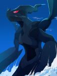  above_clouds aqua_eyes closed_mouth cloud colored_sclera commentary day giant highres kou11021301 no_humans outdoors pokemon pokemon_(creature) red_sclera sky solo symbol-only_commentary zekrom 