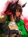  1girl adjusting_clothes adjusting_gloves animal_ears armor ascot black_gloves black_hair blue_eyes breasts cleavage closed_mouth dark-skinned_female dark_skin frown gloves green_jacket hair_between_eyes horse_ears inishie_kumo jacket large_breasts long_hair long_sleeves looking_to_the_side ponytail shirt shoulder_armor solo symboli_kris_s_(umamusume) two-tone_background umamusume upper_body v-shaped_eyebrows white_shirt 