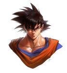  1boy black_eyes black_hair cropped_torso dave_rapoza dragon_ball dragon_ball_z hair_between_eyes highres male_focus muscular muscular_male serious signature solo son_goku upper_body v-shaped_eyebrows 