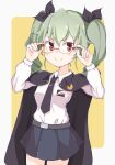  1girl anchovy_(girls_und_panzer) anzio_school_uniform bangs belt bespectacled black_belt black_cape black_necktie black_ribbon black_skirt cape closed_mouth commentary cowboy_shot dress_shirt drill_hair emblem girls_und_panzer glasses green_hair hair_ribbon long_hair long_sleeves looking_at_viewer miniskirt necktie pantyhose pleated_skirt red_eyes ribbon rimless_eyewear rounded_corners school_uniform shirt skirt smile solo standing tanuki_noyama twin_drills twintails white_pantyhose white_shirt wing_collar yellow_background 