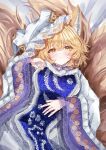  1girl animal_ears blonde_hair blush breasts dress fox_ears fox_tail hat highres large_breasts long_sleeves looking_at_viewer mob_cap multiple_tails open_mouth sarasadou_dan short_hair solo tabard tail touhou white_dress white_headwear wide_sleeves yakumo_ran yellow_eyes 