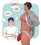  2boys abs absurdres ass bara bare_pectorals black_hair blush brown_hair bulge closed_eyes cup erection erection_under_clothes glasses grey_jacket highres holding holding_cup jacket jockstrap large_pectorals looking_at_another male_focus male_pubic_hair male_underwear milkiato multiple_boys muscular muscular_male navel nipples open_mouth original pectorals pubic_hair red_male_underwear shirt short_hair underwear white_shirt yaoi yawning 