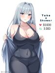  1girl bare_shoulders blue_eyes breasts cleavage collarbone covered_navel ethel_(xenoblade) grey_hair hair_intakes highres large_breasts light_blush long_hair looking_at_viewer meme namu_(112namu) navel parted solo teeth twitter_strip_game_(meme) undressing very_long_hair xenoblade_chronicles_(series) xenoblade_chronicles_3 