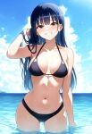  1girl bikini black_bikini blue_hair blue_sky boku_no_kokoro_no_yabai_yatsu brown_eyes cloud cowboy_shot dark_blue_hair day grin highres horizon leaning_forward long_hair looking_at_viewer mole mole_on_neck navel ocean outdoors parted_lips ringed_eyes sacra_(sacrabokuyaba) sky smile solo swimsuit yamada_anna 