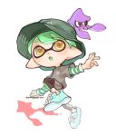  1boy :o blue_footwear commission dot_nose full_body green_hair green_headwear grey_shirt grey_shorts hat inkling_boy inkling_player_character leggings_under_shorts open_mouth outstretched_arms pointy_ears raised_eyebrows shirt shoes short_hair shorts simple_background solo spl8ya splatoon_(series) squid tentacle_hair thick_eyebrows walking white_background yellow_eyes 