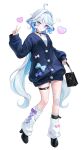  1girl 1i1 ahoge alternate_costume bag black_choker black_footwear blue_eyes blue_hair blue_jacket blue_nails bow choker full_body furina_(genshin_impact) genshin_impact hair_between_eyes hair_intakes handbag heterochromia highres jacket leg_warmers long_hair looking_at_viewer multicolored_hair nail_polish shoes simple_background sleeves_past_wrists smile solo standing thigh_strap two-tone_hair v very_long_hair white_background white_hair 