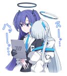  2girls blue_archive blue_necktie collared_shirt expressionless hair_ornament halo head_on_another&#039;s_shoulder headphones highres holding holding_tablet_pc hug hug_from_behind jacket karikura_(atatata71) mechanical_halo multiple_girls necktie noa_(blue_archive) purple_eyes purple_hair shirt smelling suit tablet_pc two_side_up white_background white_hair white_shirt yuuka_(blue_archive) 