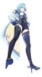  absurdres aqua_hair black_gloves boots clenched_hand ddal eula_(genshin_impact) full_body genshin_impact gloves hairband hand_on_hip high_heel_boots high_heels highres simple_background standing thigh_boots white_background yellow_eyes 