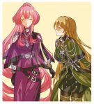  2girls belt blonde_hair blush braid breasts brown_eyes capelet closed_eyes duel_monster exosister_elis exosister_martha gloves jewelry large_breasts long_hair looking_at_another multiple_girls pink_hair ponytail skirt smile very_long_hair wenzhi43 yu-gi-oh! 