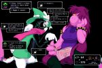 3:2 anthro armband book boots bovid bracelet breasts caprine claws clothing deltarune dialogue dinosaur duo english_text eyewear fangs female footwear freckles frist44 fur glasses goat hair hair_over_eye hat headgear headwear horn jewelry male mammal nipple_outline one_eye_obstructed pawpads purple_body purple_hair ralsei reptile scalie simple_background speech_bubble spiked_armband spiked_bracelet spikes susie_(deltarune) teeth text undertale_(series) white_body white_fur white_ribbon wizard_hat yellow_sclera