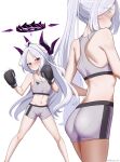  1girl absurdres ass black_gloves black_horns blue_archive blush boxing_gloves breasts closed_mouth collarbone demon_horns gloves grey_hair grey_shorts grey_sports_bra halo highres hina_(blue_archive) horns long_hair multiple_horns multiple_views navel parted_bangs purple_eyes shorts simple_background small_breasts sports_bra twitter_username white_background whitek 