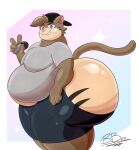 absurd_res anthro baseball_cap belly_overhang big_butt bottomwear brick_break_after_dark butt butt_cleavage clothing dee_jay_f31in3_(teddogbear) domestic_cat felid feline felis grin hat headgear headwear hi_res huge_butt hyper hyper_butt looking_at_viewer male mammal moobs overweight shirt shorts side_view slightly_chubby slightly_chubby_male smile solo t-shirt thick_thighs topwear