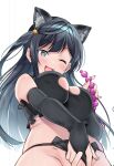  1girl :3 anal_beads animal_ears black_bra black_gloves black_hair black_panties blush bra cat_ears elbow_gloves fake_tail fingerless_gloves frilled_bra frills gloves grey_eyes groin hair_between_eyes holding holding_sex_toy long_hair looking_at_viewer love_live! love_live!_nijigasaki_high_school_idol_club one_eye_closed one_side_up open_mouth panties partially_fingerless_gloves sex_toy sidelocks solo tail underwear upper_body white_background yamada_taishi yuuki_setsuna_(love_live!) 