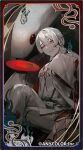  1boy albino_(a1b1n0623) animal black_nails blunt_ends card_(medium) copyright_notice crossed_legs cup double-parted_bangs facial_mark feet_out_of_frame genzuki_toujirou hair_between_eyes hakama hakama_pants half_updo hitodama holding holding_cup japanese_clothes kimono long_sleeves looking_at_viewer male_focus medium_hair nail_polish nijisanji official_art oversized_animal pants parted_lips red_eyes sakazuki sample_watermark shoes sitting sitting_on_animal sleeves_past_wrists smile snake solo traditional_youkai virtual_youtuber watermark white_hair white_hakama white_kimono white_snake wide_sleeves 