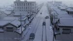  architecture building cable car greyscale house monochrome motor_vehicle no_humans old_car original road scenery seo_tatsuya skid_mark snow telegraph_lines town translation_request urban winter 