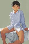  1boy :/ absurdres bare_legs bed_sheet black_hair bulge commentary_request dress_shirt eyeliner highres lilili long_sleeves looking_at_viewer makeup male_focus male_underwear no_pants on_bed original paid_reward_available pink_eyes red_eyeliner shirt short_hair sidelighting simple_background sitting sleeves_past_wrists solo spiked_hair spread_legs underwear white_male_underwear white_shirt 
