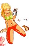  1girl absurdres blonde_hair commentary crop_top english_commentary green_tank_top hand_puppet hat highres king_of_the_hill luanne_platter midriff navel pants pechan puppet red_pants simple_background sketch swimsuit tank_top top_hat toy white_background white_footwear 