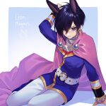  1boy absurdres animal_ears arm_support belt bishounen black_hair blue_background blush boots border cape character_name earrings edo-sama embarrassed eyelashes facing_viewer gradient_background hair_between_eyes highres jewelry leon_magnus male_focus outside_border pants parted_lips pink_cape purple_eyes rabbit_boy rabbit_ears ringed_eyes shadow short_hair single_earring sitting tales_of_(series) tales_of_destiny white_belt white_border white_pants 